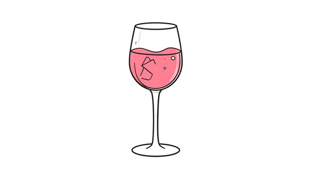 Line art of a wine glass, filled with pink liquid, including angular shapes, on a stark white background