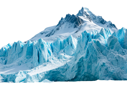 Blue glacier ice wall snowy mountain peak background, cut out transparent