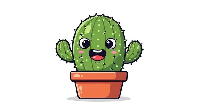 Animated cute cactus character in a pot dancing and waving hello