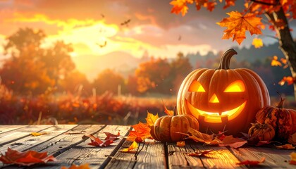 Jack-o'-lanterns on wood table against autumn backdrop, vibrant with warm light. Leaves scattered on the table