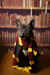 Obraz premium A charming bulldog in a scarf and glasses. A funny dog in a carnival costume.