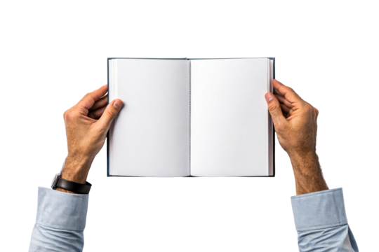 Open Blank Notebook Held by Male Hands with Watch
