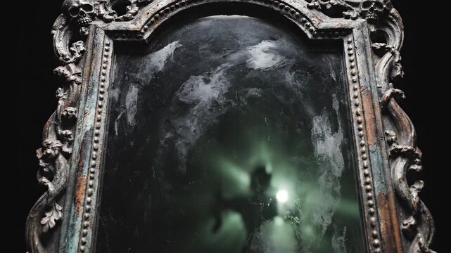 Ornate mirror with mystical vapor against black backdrop for conceptual imagery
