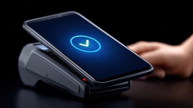 Smartphone placed on a contactless payment terminal, displaying a successful transaction symbol, showcasing modern technology and convenience in digital payments and financial transactions