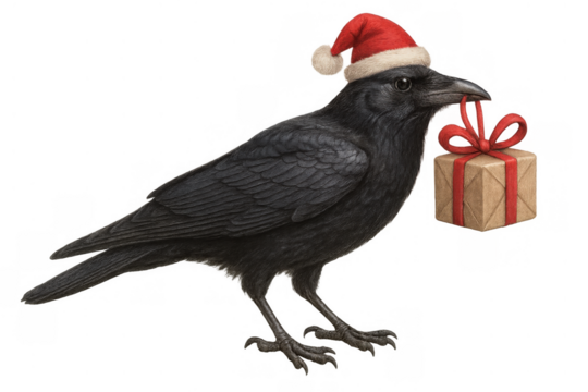 Black crow wearing a santa hat and holding a christmas gift, bringing holiday season greetings