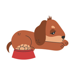 Sick Dog Refusing to Eat. Sad dachshund puppy lying near bowl with food. Hand drawn Flat hand drawn vector illustration