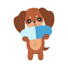 Cute Dog holding Pill. Adorable hand drawn Flat vector Dachshund Puppy with Large capsule for veterinary, pet pharmacy, or animal health design