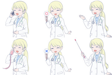 電話をかける、マルバツ棒を持つ、案内する若い女性医師。可愛いドクターのクリップアート6点セット