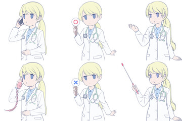 電話をかける、マルバツ棒を持つ、案内する若い女性医師。可愛いドクターのクリップアート6点セット