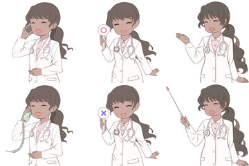 電話をかける、マルバツ棒を持つ、案内する若い女性薬剤師。白衣を着た女性のクリップアート6点セット