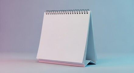 Blank Spiral-Bound Desk Calendar with White Pages for Notes and Planning on a Light Purple and Blue Background