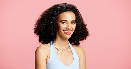 Portrait, woman and makeup for beauty in studio with hairstyle, natural glow and makeover. Mockup...