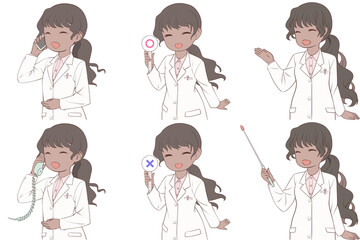 電話をかける、マルバツ棒を持つ、案内する若い女性薬剤師。白衣を着た女性のクリップアート6点セット