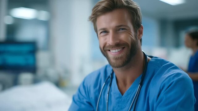 doctor assisting emergency case with stethoscope in trauma bay muted alarm beeps urgent care authentic scene three quarter wide angle cinematic color correction gentle backlight