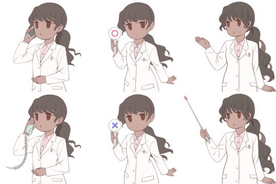 電話をかける、マルバツ棒を持つ、案内する若い女性薬剤師。白衣を着た女性のクリップアート6点セット