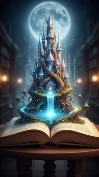 Glowing castle with a waterfall emerges from an open book in a library. Fantasy world coming to life through literature and imagination. Lockdown shot with animated magical effects.