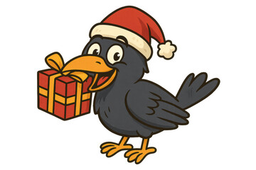 Obraz premium Festive crow delivering a christmas present, wearing a santa hat and bringing holiday cheer, transparent background