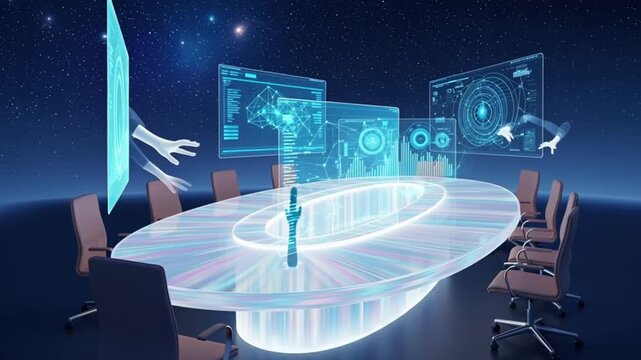 Futuristic conference room with holographic displays and interactive technology showcase - Powered by Adobe