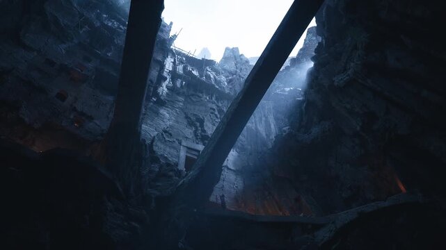 Sunlight streams through a gaping hole in a collapsed structure, revealing jagged stone walls and debris. The atmosphere is mysterious and foreboding, highlighting the caverns descent.