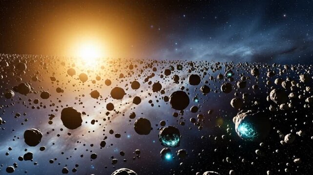 Spectacular asteroid field orbiting a distant sun with cosmic dust animation background