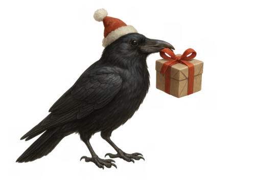 Black crow wearing a santa hat and carrying a christmas gift present in its beak, delivering holiday cheer, transparent background