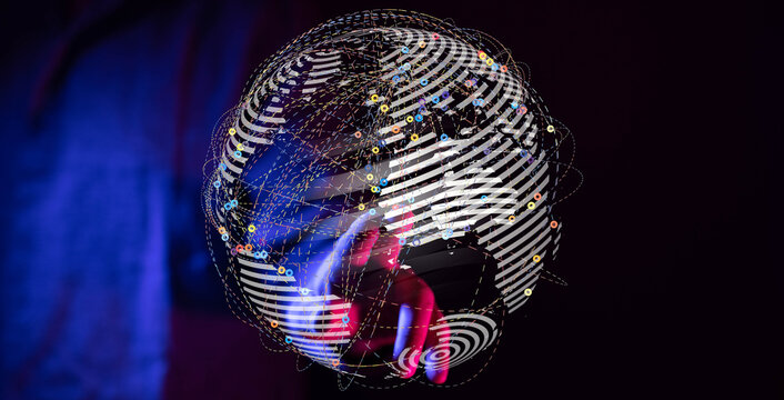 Abstract globe in the hand shows global communication with connections, technology and internet.
