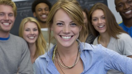 Group of smiling friends in classroom portrait photo cheerful atmosphere engaging learning environment close-up shot