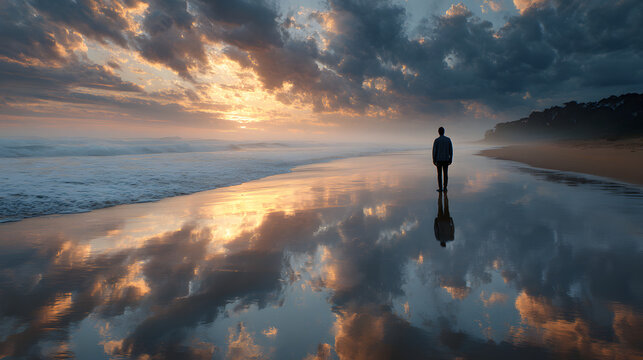Person standing on shore gazing at self reflection in gentle waves 