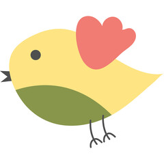 Cartoon illustration of a yellow bird with a green belly and a pink wing on a transparent background