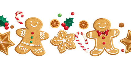 Festive gingerbread cookies and candy canes border