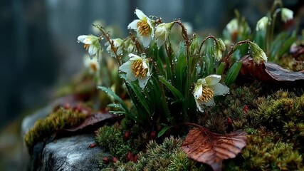 Close up of small white flowers with yellow centers on a mossy surface - Powered by Adobe