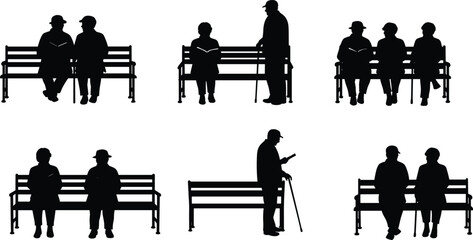 Silhouette people sitting on bench, standing with cane, social interaction, urban park scene, public seating, community gathering, outdoor leisure, lifestyle illustration, vector design