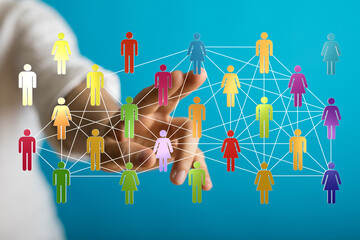 Abstract concept of human connection, teamwork, networking, and digital collaboration. Illustrates social network, global connection,