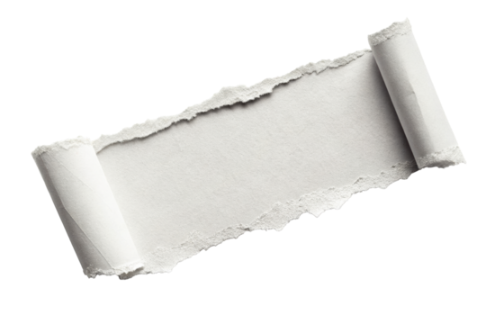 Torn paper strip with curled edges on white background