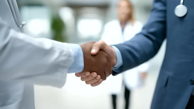 doctor greeting new staff member with stethoscope visible hospital corridor soft handshake welcoming culture three quarter wide angle cinematic color correction gentle backlight