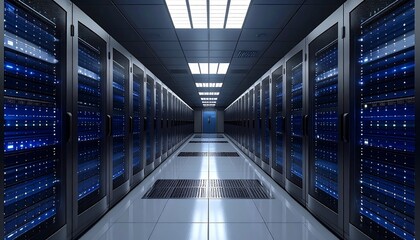 Interior shot of a server room showing racks of computers. Lighting shines from above and blue lights emanate from servers