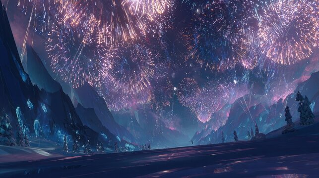 Colorful Fireworks Over Mountains At Night - Powered by Adobe