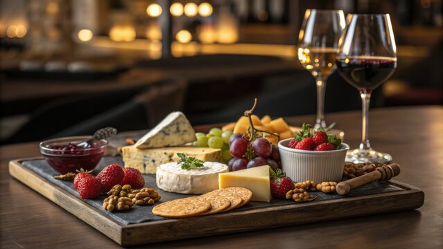 Close up of a charcuterie board with cheese fruit and wine