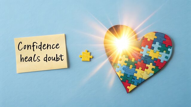 Colorful Puzzle Heart with Glowing Sunrise Rays Shining - Powered by Adobe