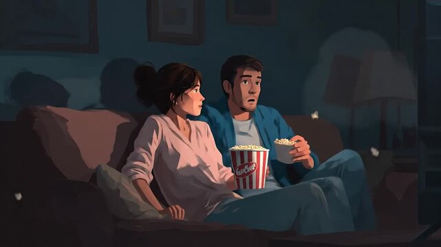 Woman and man watching a movie at the cinema or at home, eating popcorn for an entertainment concept, for film premiere poster or advertisement. Cute couple art illustration.