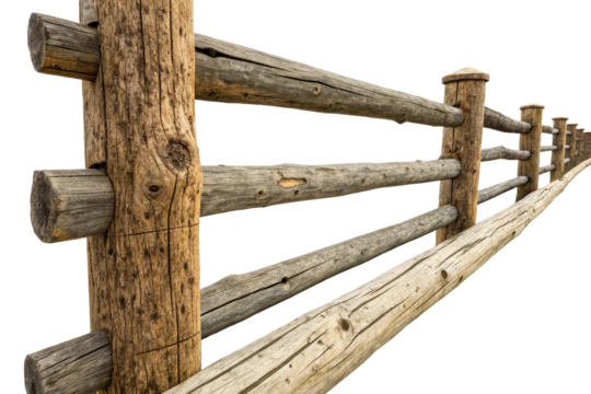 Rustic wooden post rail fence perspective boundary, cut out transparent