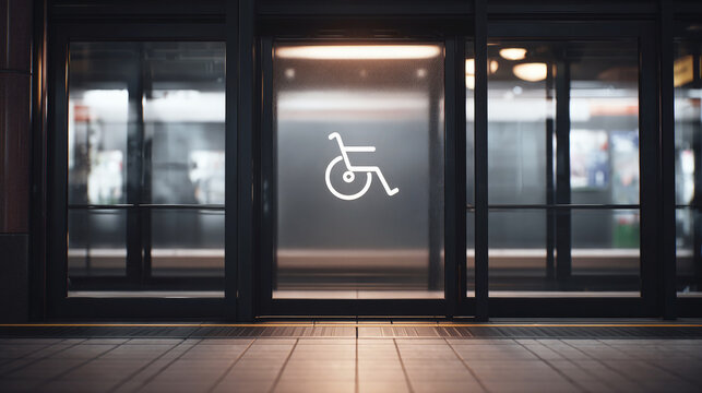Wheelchair accessibility symbol on glass door at modern train station, emphasizing public transportation inclusivity, universal design, and barrier-free infrastructure.