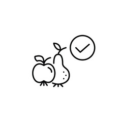 Apple, pear and checkmark. Fresh produce, fruits and vegetables. Pixel perfect, editable stroke vector icon