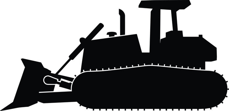 Bulldozer silhouette, construction equipment, heavy machinery, industrial vehicle, earth mover, black icon, side view, isolated, engineering, infrastructure, dirt pusher, hydraulic blade, tracked