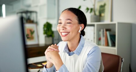 Video call, smile or woman in office with earphones, discussion or good news in client chat. Happy, digital or consultant in agency with tech, online meeting or positive update for stakeholder.