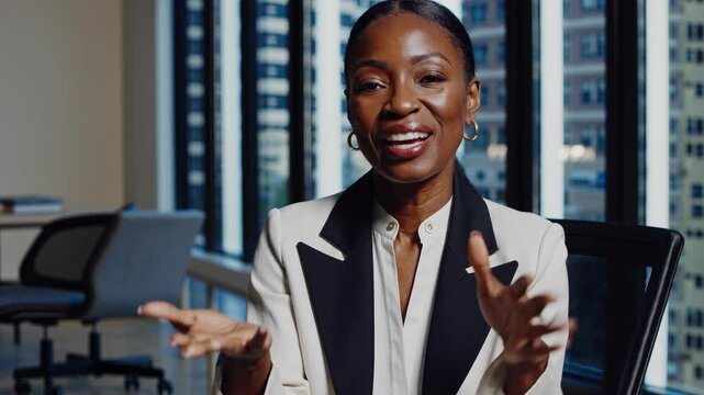 Black woman professional businesswoman discusses key strategies for personal development and success while seated in an office with a city skyline backdrop. Engaging and informative presentation.