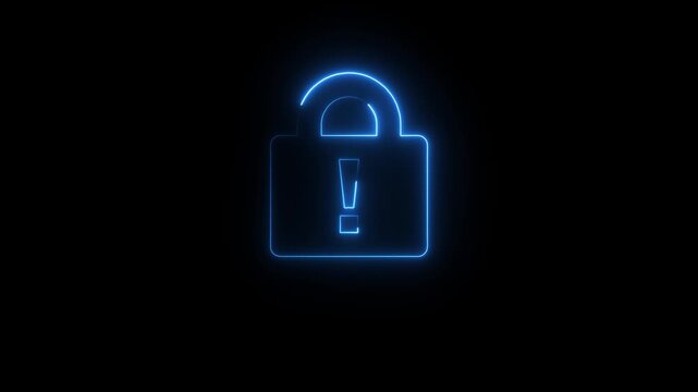 Encryption lock icon animation glowing neon blue color security privacy protection sign symbol on black background