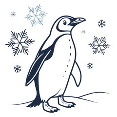 Penguin standing on snow with snowflakes around