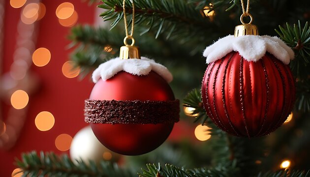 Closeup of red christmas ornaments hanging on a tree with bokeh lights