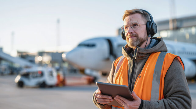 Airport ground crew member with tablet and headphones working near airplane.